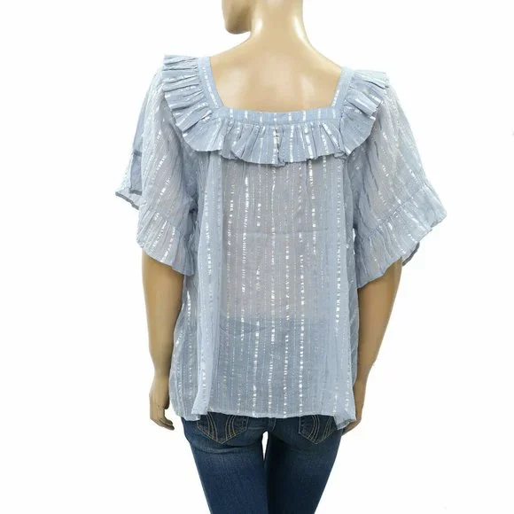 Anthropologie Leora Shimmer Metallic Stripe Blouse Top Buttondown Flowy L - Picture 3 of 4